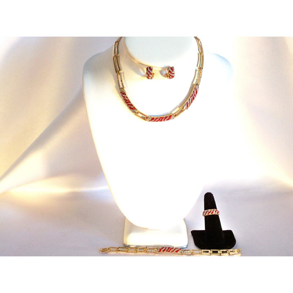 Red enamel 4pc necklace set, wedding MOB necklace, prom party evening necklace